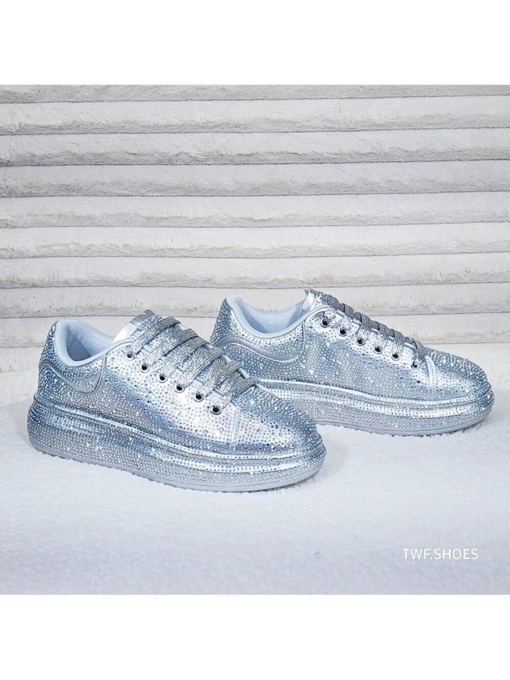 Dazzle Cush Silver Iridescent Rhinestone Platform Sneakers Tennis Shoes